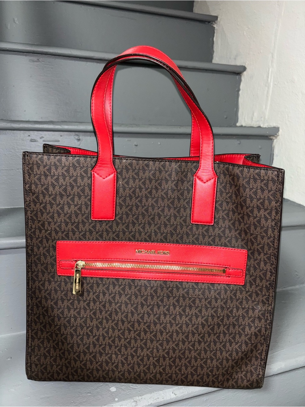 Michael Kors Brown MK Signature Tote with Red Trim